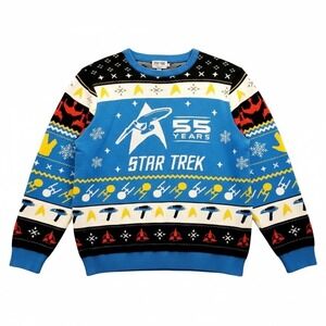 Star Trek 55 Years Anniversary Ugly Christmas Sweater Blue Live Long Prosper 2XL
